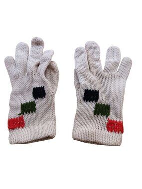 Vintage Girls Handmade Wool Knit Gloves With Red Green Black Pattern Design